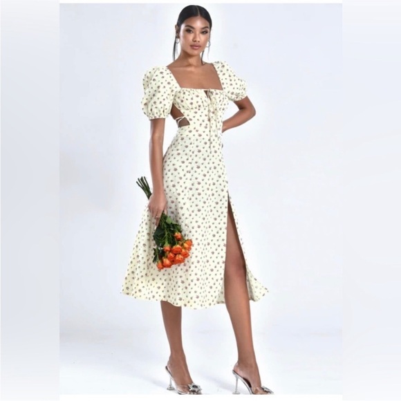 Miss Circle Ditsy Floral Linen Cotton Midi Open Back Dress Medium Cottagecore - Picture 1 of 12